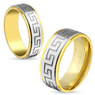 Bague mixte en acier dor� avec bande argent� � gravure labyrinthe