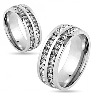 Bague mixte en acier � double cerclage de pierres