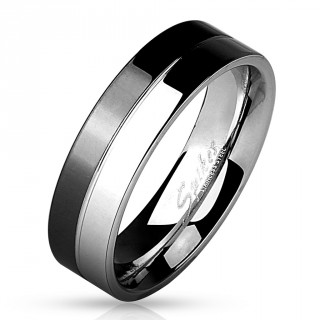 Bague mixte en acier noir et argent� � bandes