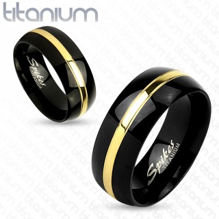 Bague mixte en titane noire � ligne centrale dor�e