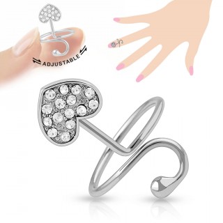 Bague d'ongle en laiton rhodi� avec coeur de strass