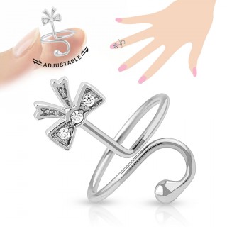 Bague d'ongle en laiton rhodi� avec noeud papillon serti