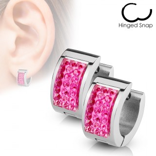 Boucles d'oreilles acier � rectangle de cristaux roses (paire)