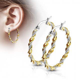 Boucles d'oreilles cr�oles tress�es dor�es et argent�es en acier (paire)