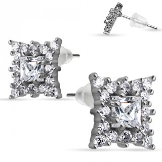 Boucles d'oreilles en argent 925 avec carr� concave multi-strass