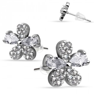 Boucles d'oreilles en argent 925 avec fleur � p�tales multi-strass