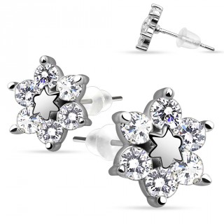 Boucles d'oreilles en argent 925 avec fleur � strass ronds