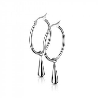 Boucles d'oreilles acier � anneau et goutte suspendue (paire)