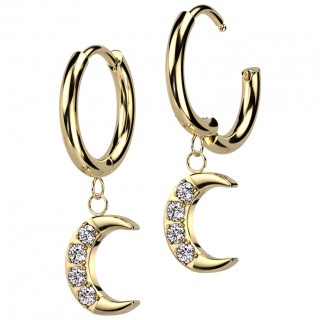 Boucles d'oreilles acier dor� � lune suspendue sertie de zirconiums (paire)