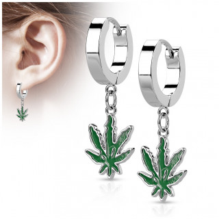Boucles d'oreilles anneaux acier � pendentif feuille de cannabis (paire)