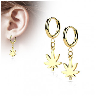 Boucles d'oreilles cr�oles feuille cannabis en acier Dor� (paire)