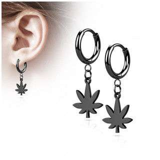 Boucles d'oreilles cr�oles feuille cannabis en acier Noir (paire)