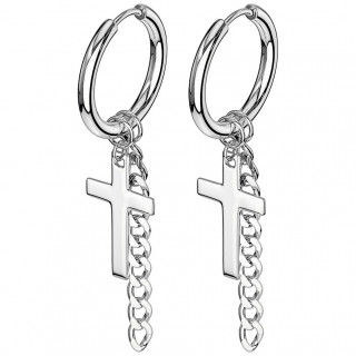 Boucles d'oreilles en acier � croix latine et chaine suspendues