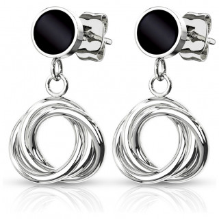 Boucles d'oreilles en acier � puces noires et spirales suspendues