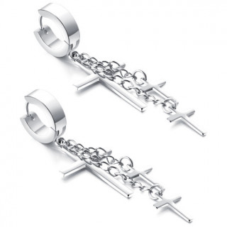 Boucles d'oreilles en acier � trio de croix latines suspendues (paire)