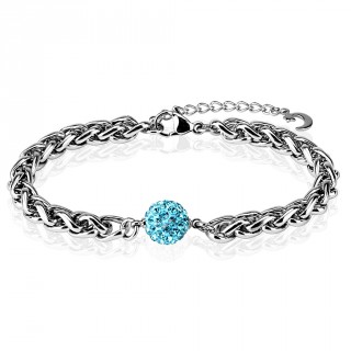 Bracelet acier � boule shamballa bleu aqua
