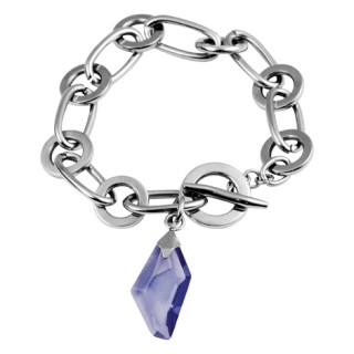 Bracelet acier � grosses mailles et losange de verre bleu