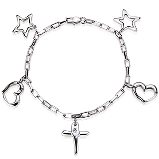 Bracelet acier avec breloques �toiles, coeur et croix