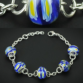 Bracelet acier et perles fleuries style Murano