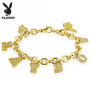 Bracelet femme en acier dor� avec charm's lettres et lapin Playboy