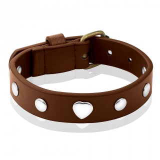 Bracelet femme en cuir marron � coeurs et rivets m�tal