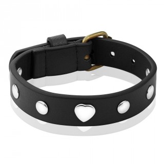 Bracelet femme en cuir noir � coeurs et rivets m�tal