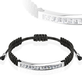 Bracelet ficelle avec plaque courb�e pav� de pierres