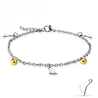Chaine de cheville en acier � breloques pieds et perles dor�es