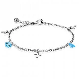 Chaine de cheville en acier � croix et strass bleus aqua