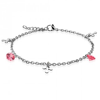 Chaine de cheville en acier � croix et strass roses