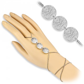 Chaine de main en laiton � plaques rondes avec fleur de lotus grav�es