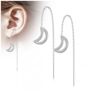 Chaines d'oreilles en acier Argent� avec lune � contours de cristaux