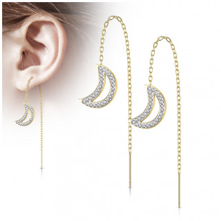 Chaines d'oreilles en acier Dor� avec lune � contours de cristaux