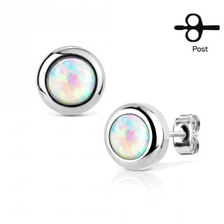Clous d'oreille acier � opale blanche (paire)