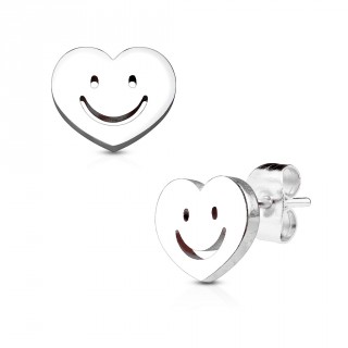 Clous d'oreille acier coeur � visage smiley (paire)
