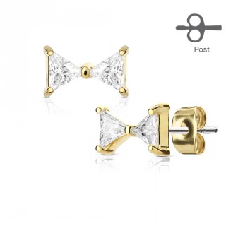 Clous d'oreille acier dor� � noeud papillon strass (paire)