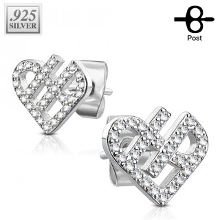 Clous d'oreille argent � coeur stylis� pav� de zirconium (la paire)