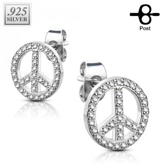 Clous d'oreille argent � symbole peace pav� de zirconium (la paire)