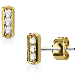 Clous d'oreille barre plaqu�e or sertie de trois gemmes claires (paire)