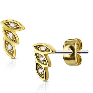 Clous d'oreille dor�s trois petites feuilles serties (paire)
