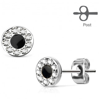 Clous d'oreille en acier � pupille noire cercl�e de strass (paire)