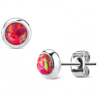 Clous d'oreille en acier argent� � opale rouge