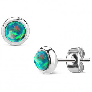 Clous d'oreille en acier argent� � opale verte
