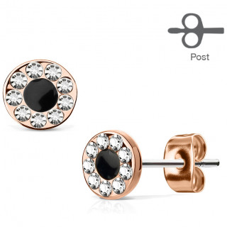 Clous d'oreille en acier cuivr� � pupille noire cercl�e de strass (paire)