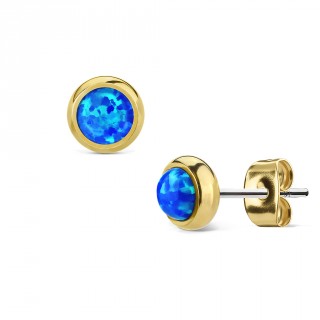 Clous d'oreille en acier dor� � opale bleue