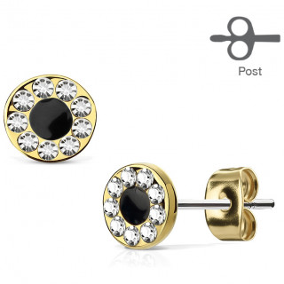 Clous d'oreille en acier dor� � pupille noire cercl�e de strass (paire)