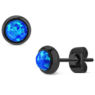 Clous d'oreille en acier noir � opale bleue