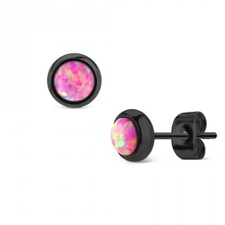 Clous d'oreille en acier noir � opale rose