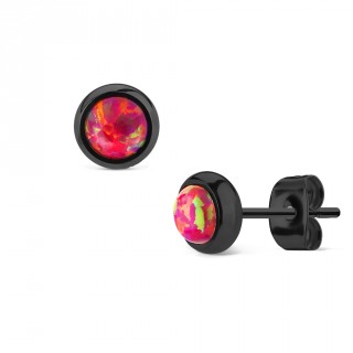 Clous d'oreille en acier noir � opale rouge