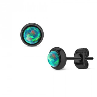 Clous d'oreille en acier noir � opale verte